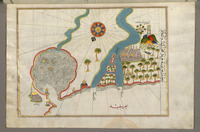 fol. 306b Nile River estuary with the cities of Rosetta and Būrullūs on either side